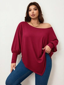 Enliva Plus Size Women's Burgundy Autumn Smart Casual Batwing Sleeve Asymmetrical Hem Loose T-Shirt,Everyday Solid Color Top Compatible With Apple & Rounded Fall - Burgundy - View 6