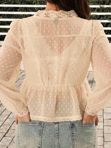 GalTyme Plus Size Sweet French Lace Button Shirt - Beige - View 2