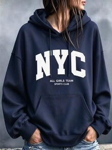 SHEIN MOOSTA 大尺碼女款「NYC ALL GIRLS TEAM SPORTS CLUB」城市名稱標語字母圖案印花保暖抽繩運動衫，適合冬季與秋冬 - 藏蓝色 - 查看 1