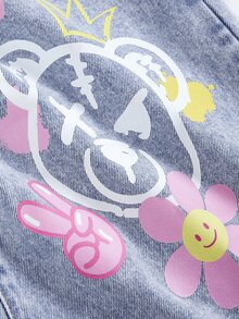 Tween女孩熊塗鴉圖案淺藍色寬鬆舒適牛仔褲，適合黑色系上學穿搭 - 藍色 - 查看 4
