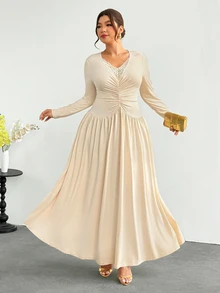 Firerie Plus Size Soft Style Lace Patchwork Pleated Dress - Apricot - View 2