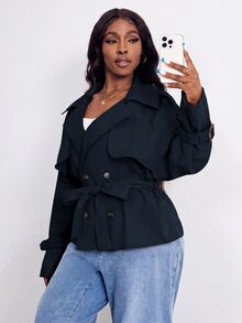 SHEIN PETITE CURVE 大尺碼女款純色插肩袖翻領休閒風衣，秋冬季 - 藏蓝色 - 查看 5