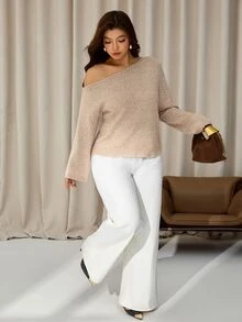 Auralis Plus Size Women Solid Color Asymmetrical Shoulder Drop Shoulder Long Sleeve Fashion Pullover Sweater/One-Shoulder Sweater / Stylish And Comfortable - Khaki - View 7