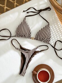 Swim Mod 女款 26 春夏新款條紋布料三角杯鉚釘三角比基尼泳衣 2 件套 海灘度假 - 彩色 - 查看 1