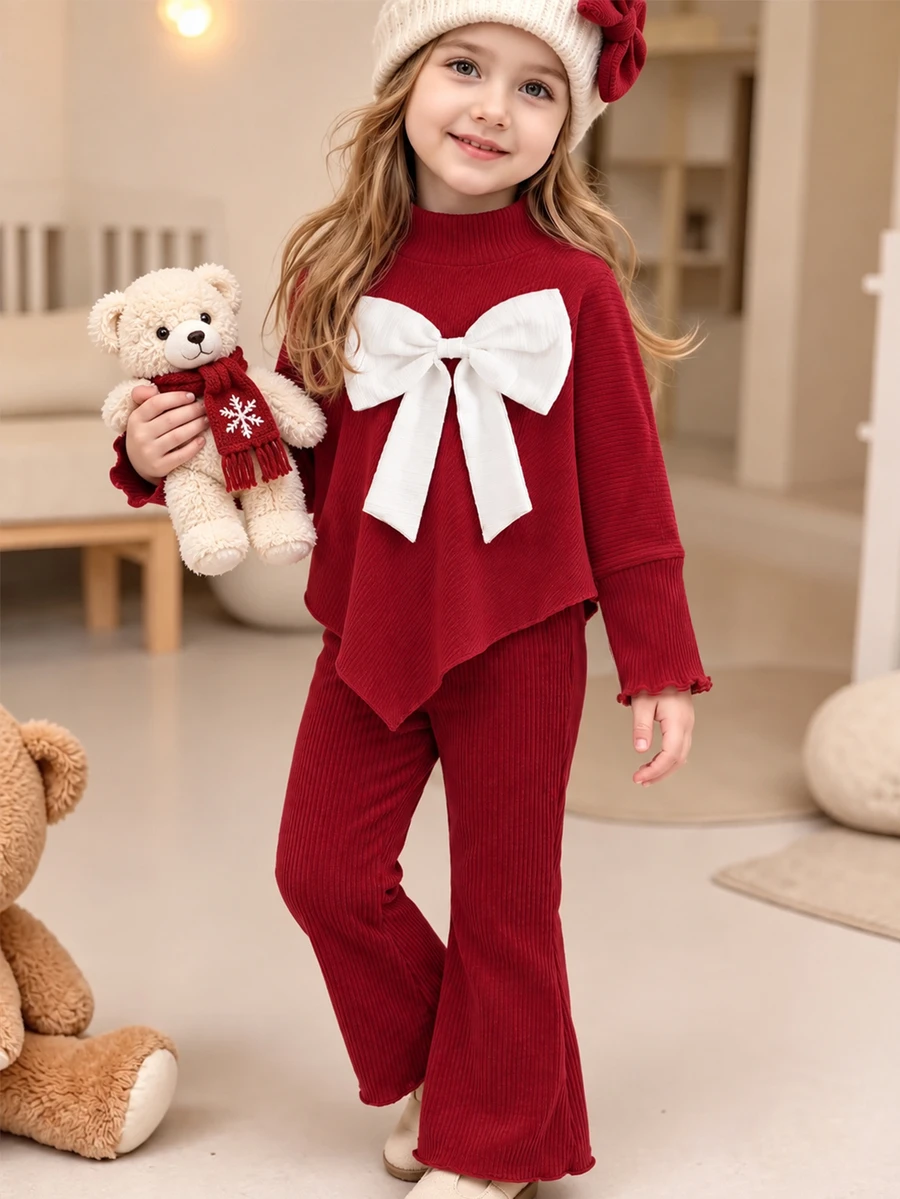 SHEIN Elladie kids 2pcs/Set Girls Sweet & Cool Style, 3D Big Bow Decor, High Neck Long Sleeve Asymmetrical Hem Top, Paired With Same Color Ruffle Flare Pants, Ribbed Texture Fabric, Loose Fit, Suitable For Holiday Parties, Outings, Exquisite & Eye-Catching, Perfect For Autumn/Winter - Burgundy - View 1