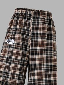Genkimix Kids 青少年女孩棕色格紋寬腿褲，休閒鬆緊腰寬鬆大廓形長褲，Y2K街頭風工裝格紋運動褲 - 棕色 - 查看 5