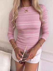 CovetEZ 女款甜美簡約條紋拼色T恤，適合日常穿著 - 彩色 - 查看 3