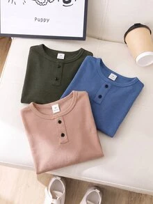 SHEIN 3件組男童休閒舒適風紋理布料木紋細節鈕扣 Polo 衫圓領長袖 T-shirt 多色 - 彩色 - 查看 5