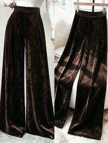 Velvienne Plus Size Women's Autumn/Winter Elegant Solid Color Glossy Velvet Pleated Loose Fashion Minimalist Party Long Pants Fall - Burgundy - View 1