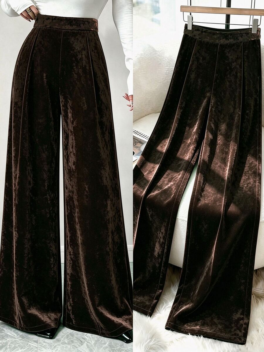 Velvienne Plus Size Women's Autumn/Winter Elegant Solid Color Glossy Velvet Pleated Loose Fashion Minimalist Party Long Pants Fall - Burgundy - View 1