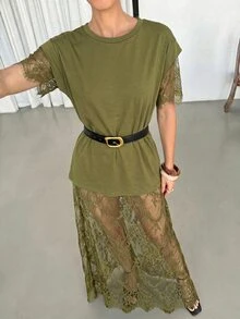 Lavishia 女款圓領短袖透視蕾絲洋裝，蕾絲刺繡透視拍照造型裙，黑色花卉，日常優雅派對夜店女裝 - 軍綠色 - 查看 6
