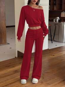 SHEIN EZwear 2件組女款灰色不對稱肩領衛衣喇叭運動褲休閒家居套裝，適合秋季休閒穿著 - 酒紅色 - 查看 6