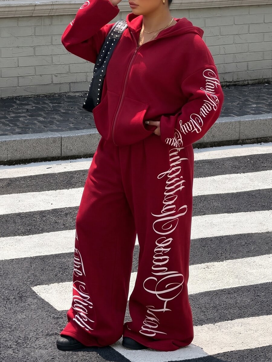 Muchica Plus Size Women's Letter Print Zip-Up Hoodie And Sweatpants Casual Streetwear Novelty 2 Pieces Set Christmas Vacation Beach Evening Red Fall