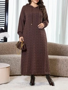 Feyla Plus Size Drawstring Long Sleeve Minimalist Hooded Sweater Dress - Coffee Brown - View 1
