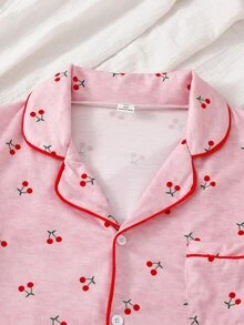 Teen Girls Beautiful Cute Red Cherry Pattern Elegant Comfortable Long Sleeve Pants 2 Pieces Loungewear Set - Pink - View 3