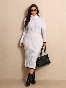 Elaquor Plus Size Women's Colorblock High Neck Raglan Long Sleeve Slim Fit Knit Dress - Khaki - View 5