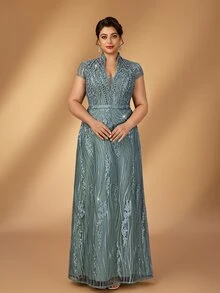 Serin Gaun Ukuran Plus Elegan Glamor dengan Hiasan Manik-manik dan Bordir, Leher V, Lengan Panjang Transparan, Detail Kerut, dan Potongan Pas Badan, Cocok untuk Semua Acara Formal, Gaun Pengantin, dan Gaun untuk Ibu Pengantin. - Hijau - View 7