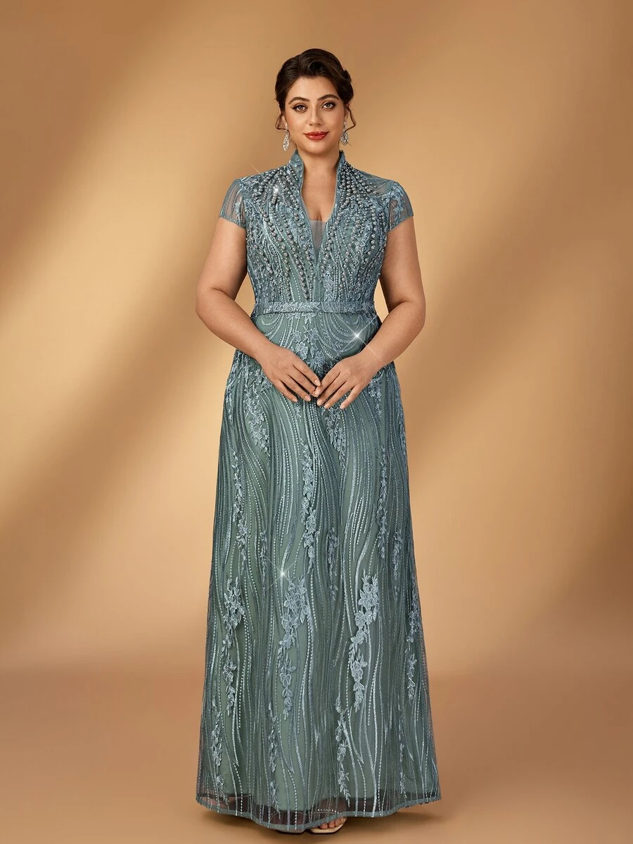 Serin Plus Size Elegant Glamorous Beaded Embroidered V-Neck Sheer Long Sleeve Ruched Fitted Mermaid Hem Dress Suitable For All Formal Occasions Bridal Mother Of The Bride - Green - View 1