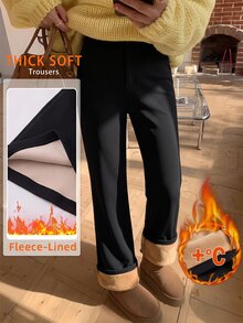 SHEIN EZwear 秋季新款純色保暖內裡加厚高腰直筒喇叭褲，秋季衛衣，適合日常通勤、聚會、秋冬/夏季、聖誕節、新年、感恩節、派對、婚禮、海灘、畢業典禮、優雅、外出、約會、通勤、情人節、優雅、度假、Y2K、畢業典禮等場合 - 黑色 - 查看 1