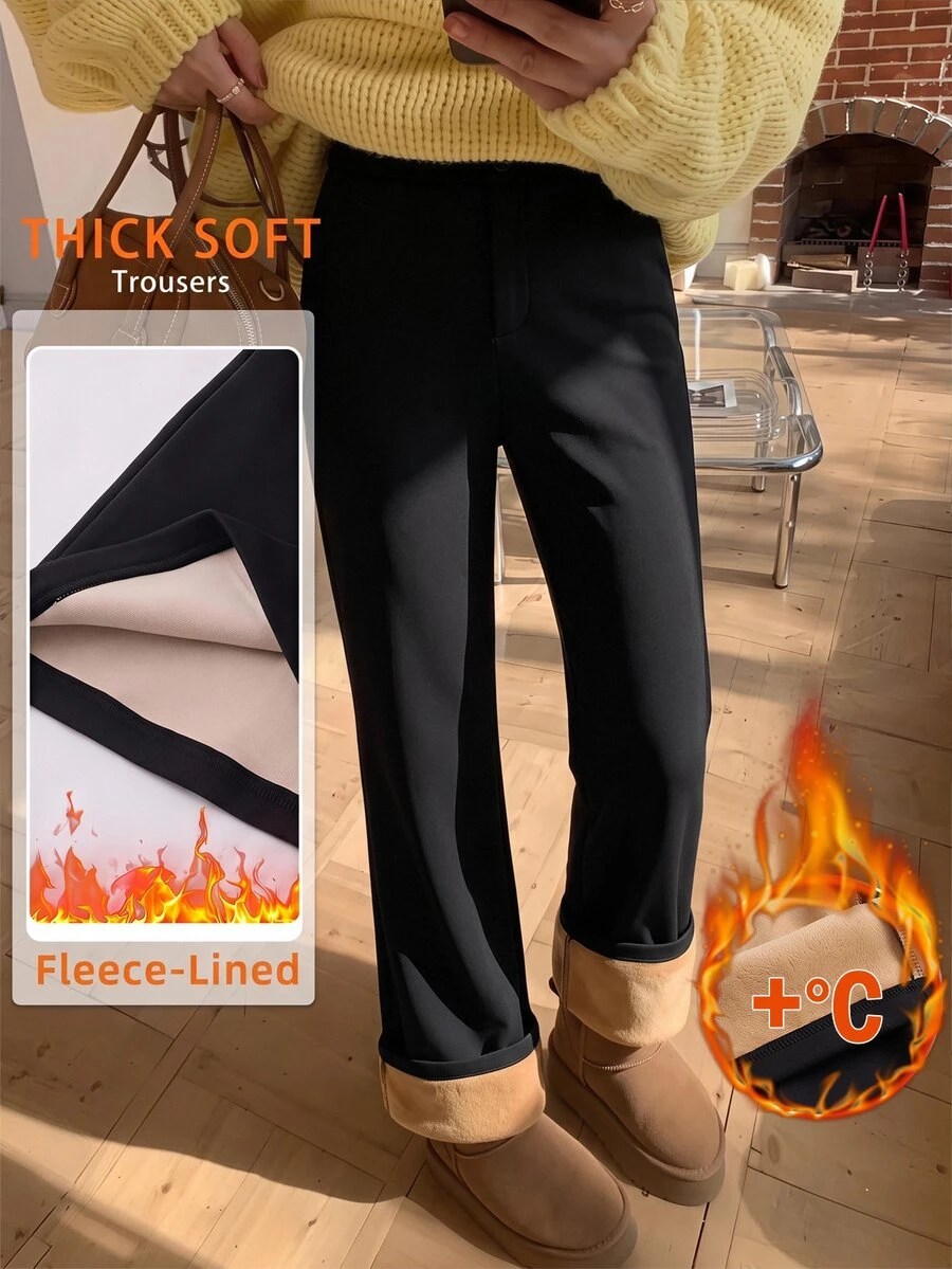 SHEIN EZwear 秋季新款純色保暖內裡加厚高腰直筒喇叭褲,秋季衛衣,適合日常通勤、聚會、秋冬/夏季、聖誕節、新年、感恩節、派對、婚禮、海灘、畢業典禮、優雅、外出、約會、通勤、情人節、優雅、度假、Y2K、畢業典禮等場合 - 黑色 - 查看 1