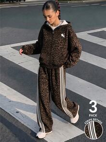 SHEIN Casuvi Kids 青少年女孩秋冬三件套：豹紋拉鍊連帽外套、純色內搭背心、豹紋寬腿褲配白色側條紋，甜酷復古美式街頭風 - 彩色 - 查看 3