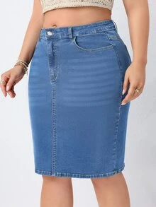 EMERY ROSE Plus Size Women's Casual Daily Outing Washed Denim Skirt With Pockets And Buttons - Medium Wash - View 1