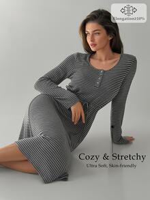 DAZY Women's Striped Button Design Long Sleeve Casual Loungewear Dress - Grey - View 3