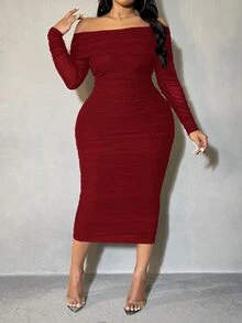 SHEIN SXY 大尺碼露肩抓皺網紗緊身洋裝 秋季 - 酒紅色 - 查看 5
