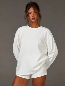 Athîral Women's Casual Round Neck Knitted Solid Color Soft Comfortable Long Sleeve Top T-Shirt 2pcs Set, Daily & Date Outfit - White - View 5