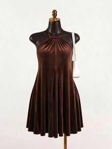SaltGleam SaltGleam Women's Elegant Velvet Halter Neck Dress - Brown - View 3