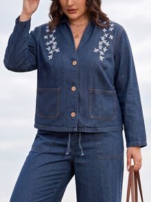 EMERY ROSE Plus Size Women's Casual Comfortable Deep Blue Non-Stretch Embroidered Denim Jacket - Dark Wash - View 4