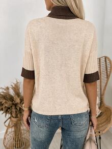 SHEIN New Spring Fall Sophisticated Turtleneck Knit Top Women Ribbed Cuff Elbow Sleeve Relaxed Straight Hem - Apricot - View 2