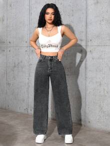 SHEIN PETITE 女款高腰口袋寬腿鬆垮休閒牛仔褲，適合嬌小女性 - 深灰色 - 查看 6