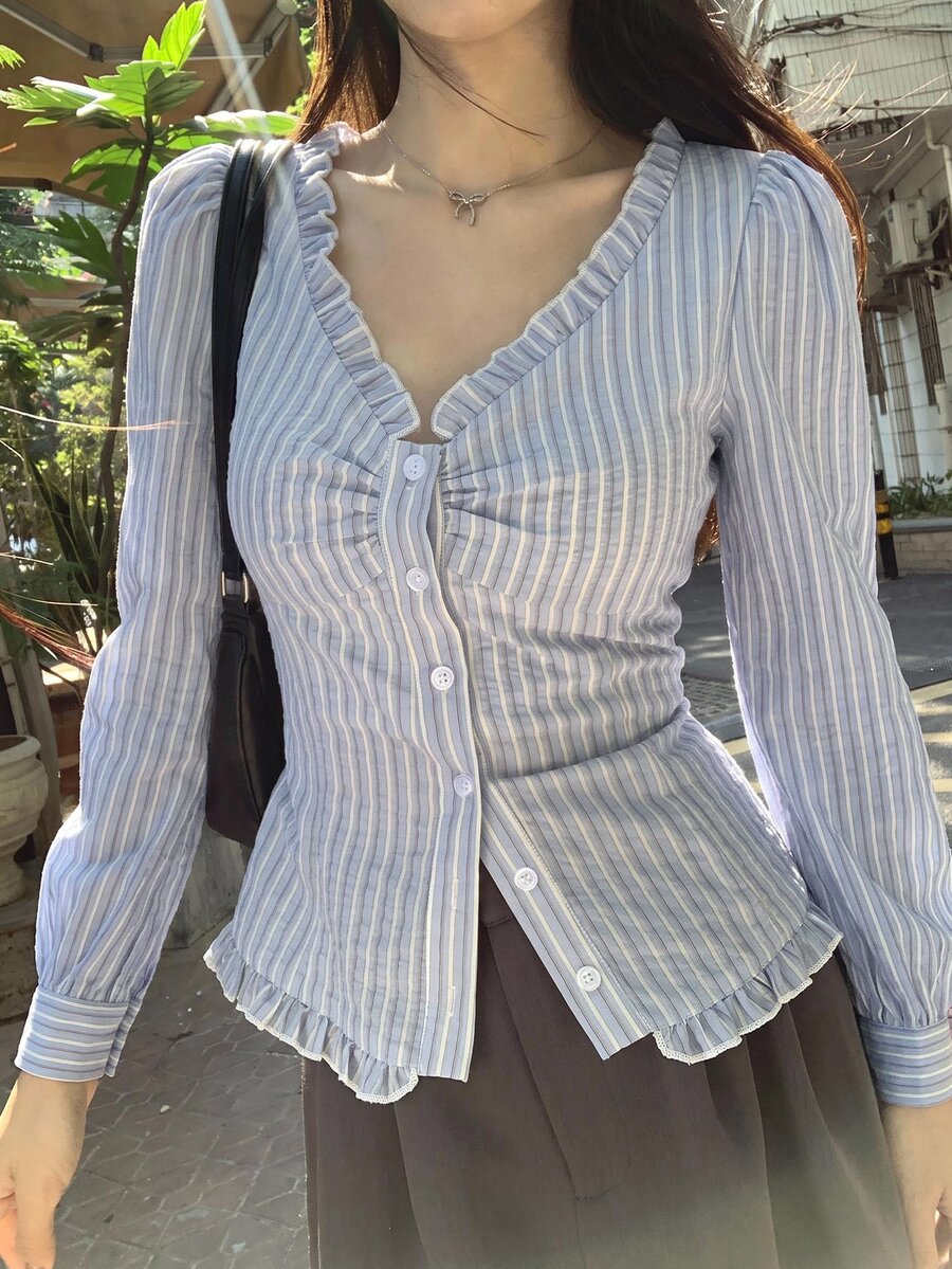 DAZY 女款荷葉邊條紋無袖上衣,清新甜美夏季風格 - 淺藍色 - 查看 1