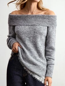 Willow Rêve 女款灰色露肩蕾絲拼接下擺套頭毛衣 - 灰色 - 查看 6