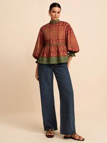 LOTSLUV Áo blouse nữ dáng rộng tay dài cổ tròn, họa tiết in màu vàng và xanh, phong cách thường ngày đi làm đầu thu - Đỏ - Xem 7