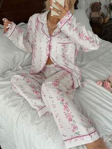CottageSlumber Bubble Crinkle Chain Floral Print Lapel Long Sleeve Pants Pajama Set - White - View 7