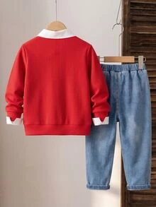 Souflis Boys' 2 Pieces Set: Textured Red Crew Neck Sweatshirt And Straight-Leg Washed Denim Jeans, Casual Everyday Style - Red - View 2