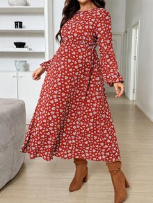 SHEIN 孕婦碎花圓領長袖優雅洋裝 秋冬休閒款 - 紅色 - 查看 8