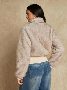 Glamine Women's Casual Silver Fox Ribbed Cropped Jacket With Zipper Front - Apricot - View 2