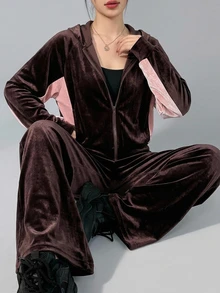 DAZY Women's Colorblock Zip-Up Long Sleeve Hoodie And Pants Casual Daily Sports Set - Burgundy - View 7