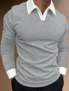 Manfinity Homme 男士拼色領長袖 Polo 衫，休閒外出款，適合丈夫，秋季，正式場合 - 灰色 - 查看 1