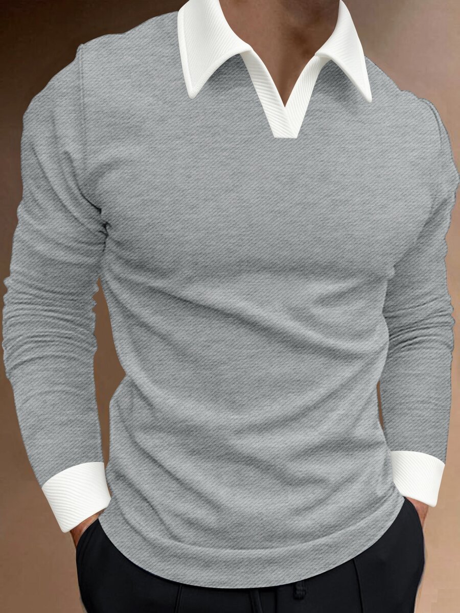 Manfinity Homme 男士拼色領長袖 Polo 衫,休閒外出款,適合丈夫,秋季,正式場合 - 灰色 - 查看 1