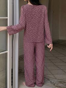 DAZY 2pcs/Set Women's Pajama Set, Lace Patchwork Sweet Floral Loose Long Sleeve Top And Straight Leg Long Pants - Purple - View 2