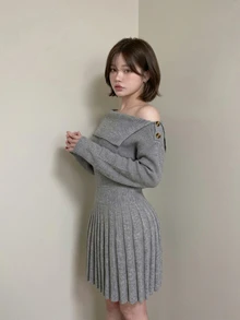 FRIFUL Women's Solid Color Asymmetrical Shoulder Casual Daily Knit Dress - Grey - View 3