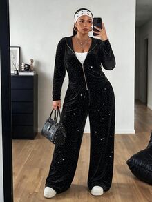 POPSWAY Plus Size Casual Rhinestone Hooded Sweatshirt & Pants 2 Pieces Set With Fur Patchwork, Autumn/Winter - Black - View 1