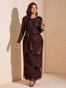 Comfylo Velvet Fabric Waist Knot Slim Fit Plus Size Women Jacquard Dress - Multicolor - View 3