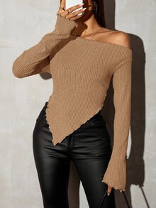 SHEIN SXY Grunge風不對稱領羅紋針織T恤，秋季女款外出上衣 - 卡其色 - 查看 5