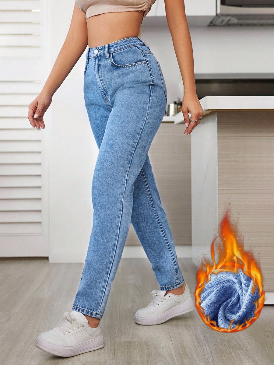 SHEIN Tall Solid Color High Waist Mom-Fit Jeans, Tall Women - Blue - View 1