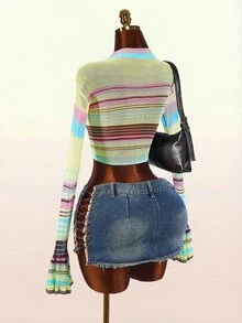 Amplova Women's Colorful Striped Long Sleeve Cropped Casual Sweater - Multicolor - View 10